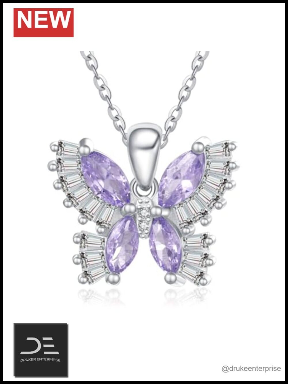 14K White Gold Butterfly Pendant Necklace with Birthstones, Hypoallergenic,